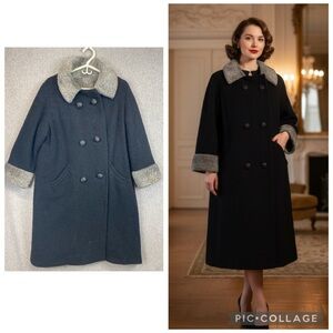 Vintage 50’s or 60’s double breasted overcoat Union Made faux fur trim heavy